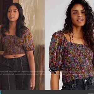 Free People Womens XS Smocked Crop Top colorful Ditzy Floral Print Boho Peasant